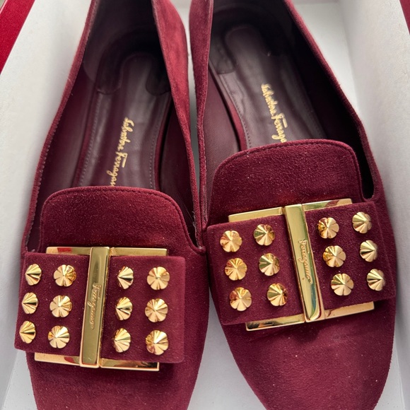 Salvatore Ferragamo Sarno Suede Flats with Gold Detailing - Picture 1 of 5